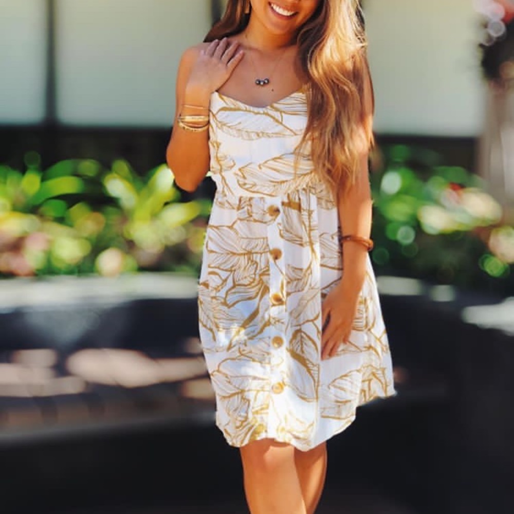 Tropical leaf print cami button dress